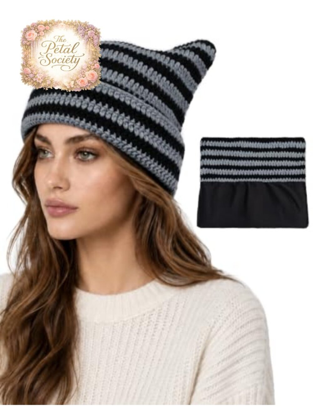 Satin Lined Cat Ear Beanie Crochet Knit Striped Warm Hat